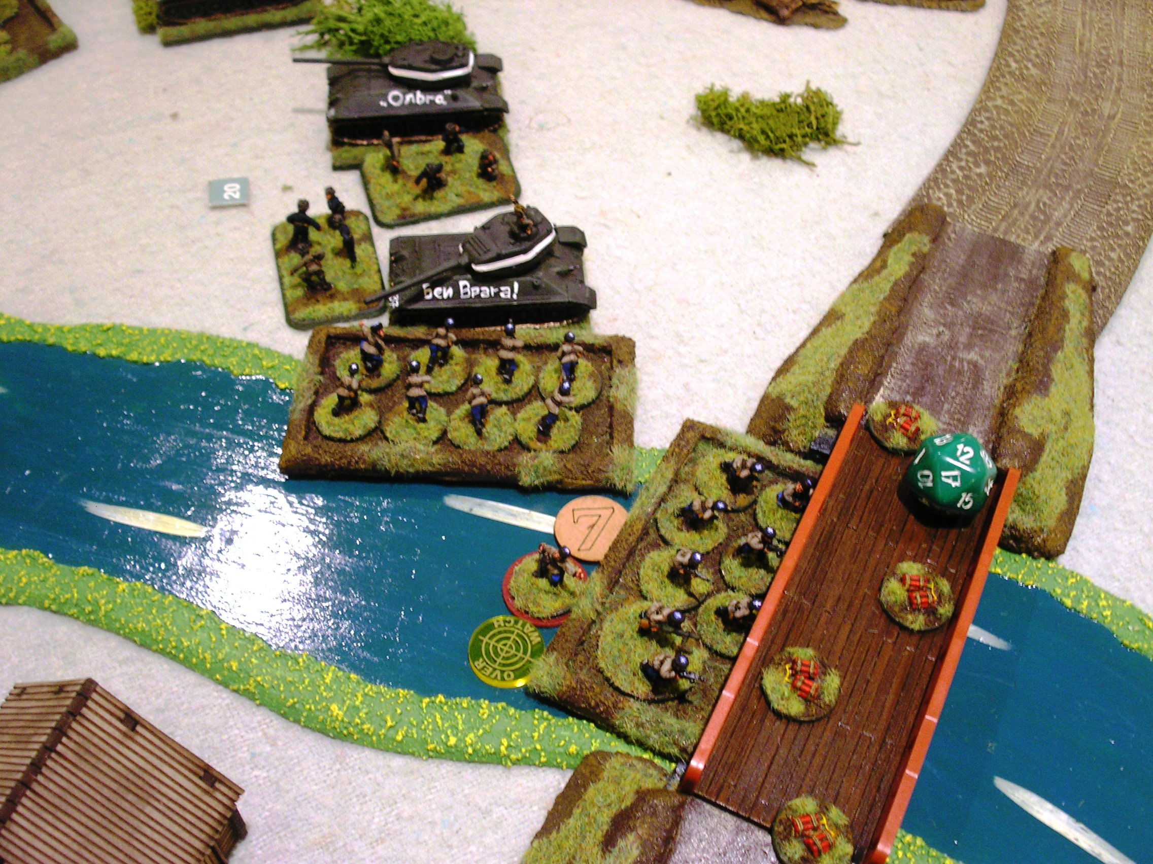 Russian tank-riders dressed as Cossacks, manage to get under cover under the bridge. 