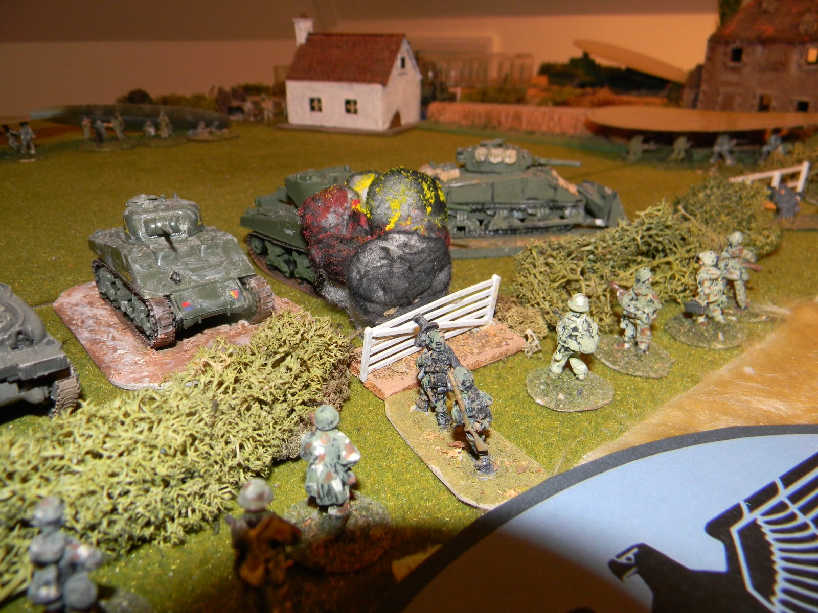 Whilst Lt. Salisbury made straight for the hedge line in front of him with his four Shermans - bad mistake, the German infantry were waiting and took out Salisbury & his Firefly lead tank.