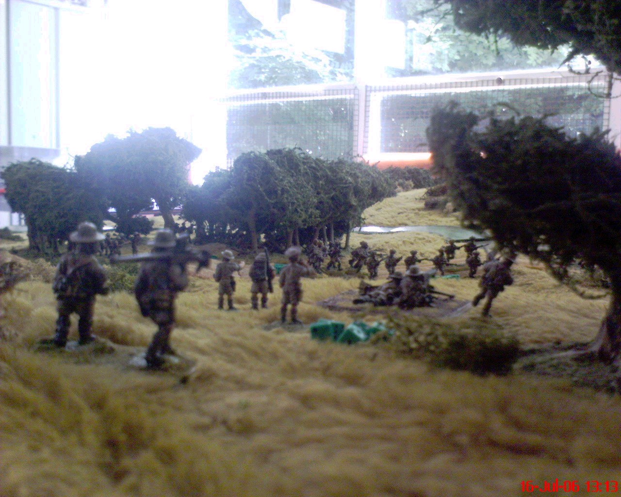   A shot from behind the HQ, looking down toward the ford where the focus of the action was. The Boys ATR is doing proxy duty as a 2" mortar. To the left you can see (just) 9th platoon entering cover while the remainder of 8th redeploys toward the ce