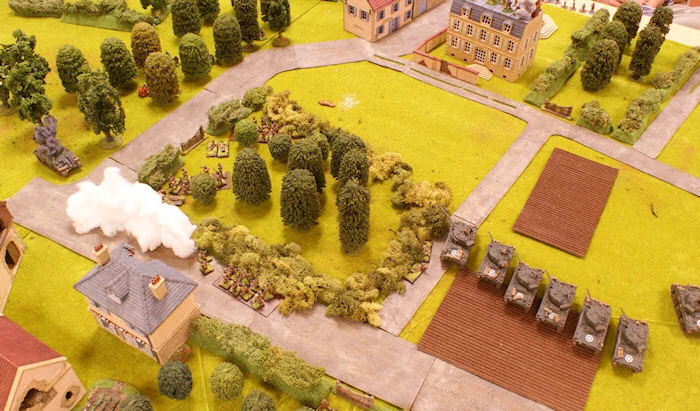 And are quickly joined by the 2nd Platoon. The 3rd platoon is beginning to regroup at the south edge of the orchard before pushing towards the Chateau.