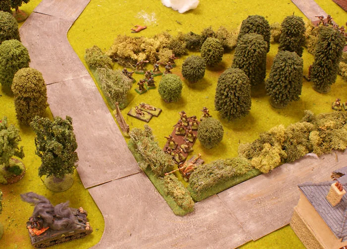 Rushing from the woods, Obersturmfuhrer Festem-Schritt leads zug 1 in the assault on the orchard. The close combat is furious. Lt. Oiksworth and his section are wiped out but the Waffen-SS suffer heavy casualties too.