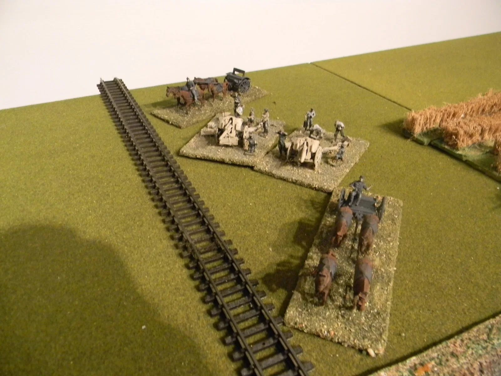 German horse-drawn artillery deployed beside the railway line