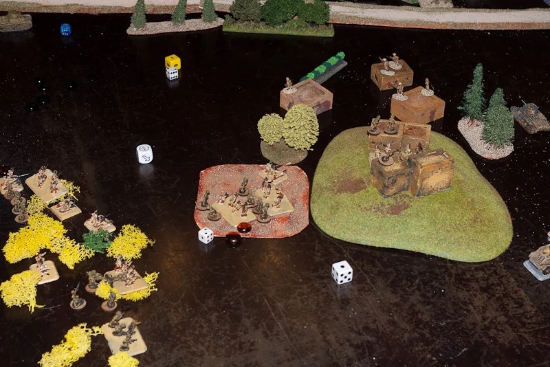 Italians leap frogging to hill, while ATR desperately tries to keep the carriers away. Infantry squads mostly made it, ATR did not. Breda MMG in the middle made a valiant effort to flank the ACs but was unceremoniously cut down.