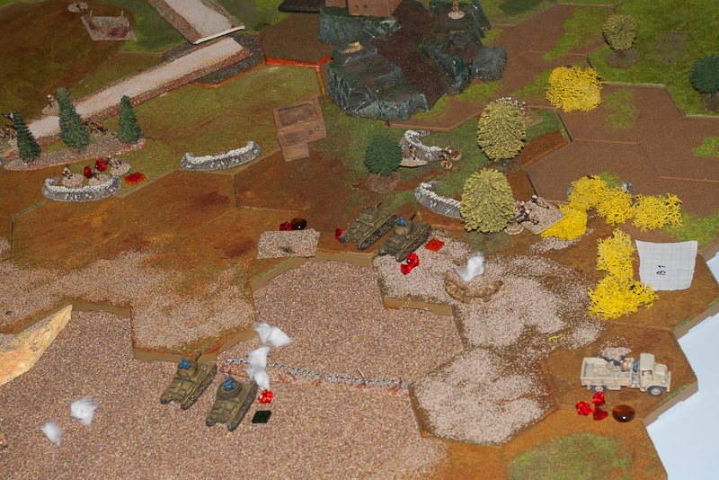 Half platoon tries to overrun infantry, withdraws after a rain of grenades. British plays commit reserves from the flank.