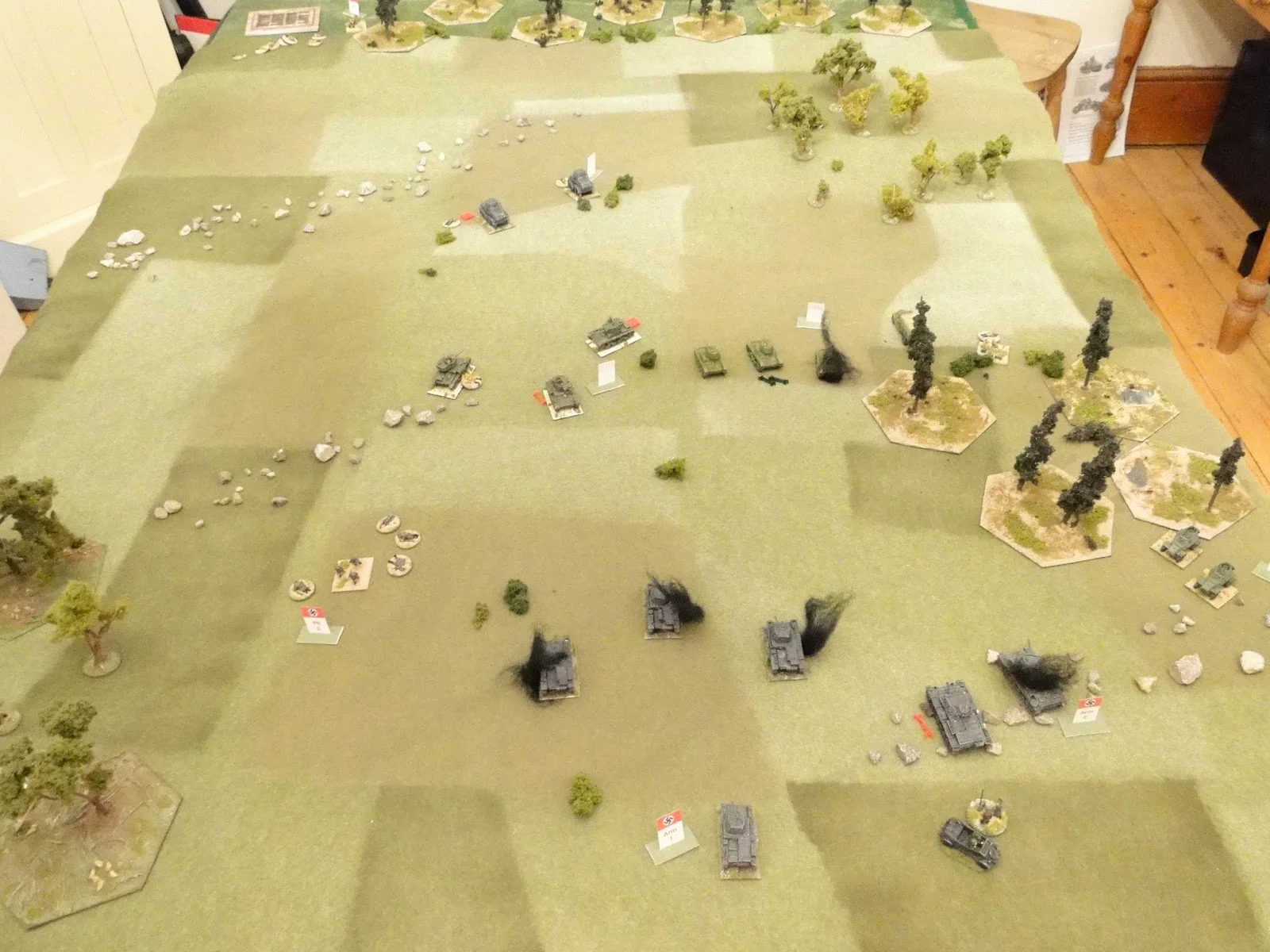 One T26 knocked out, two abandoned, one with a damaged gun and one immobilised. One PzIII and three PzIIs knocked out and one PzIII immobilised.