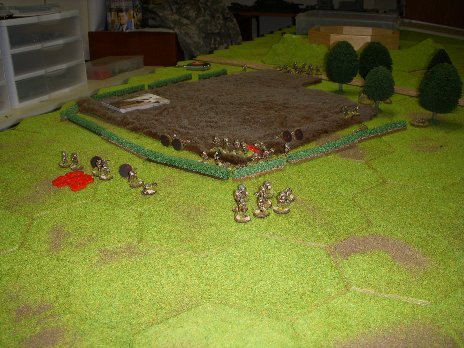  1st Platoon jumps the gun and starts to attack before effective smoke obscures the MG in the house. Casualties are heavy. 