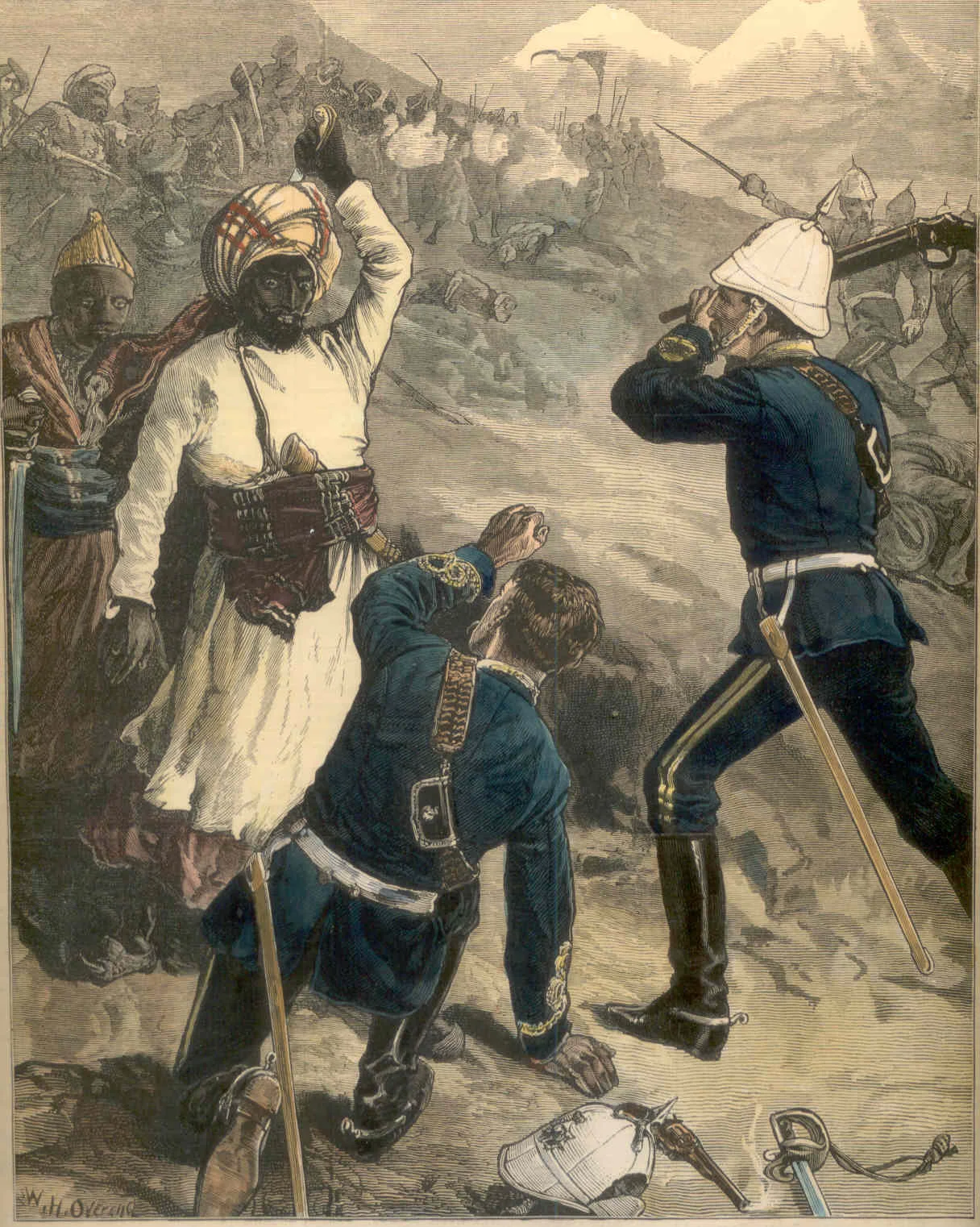 An Incident in the Battle of Futtehabad, April 2nd 1879: “A risky moment was experienced by Captain Manners C. Wood, 10th Hussars. An Afghan had cut through his helmet. He fell, and was seemingly at the mercy of his opponent, who, being wounded in the right arm, had his long charra in his left, when Lieutenant Fisher, of the same regiment, came up, and brained the Afghan with the butt end of a carbine.” Illustrated London News, 1879 (Author's Collection)
