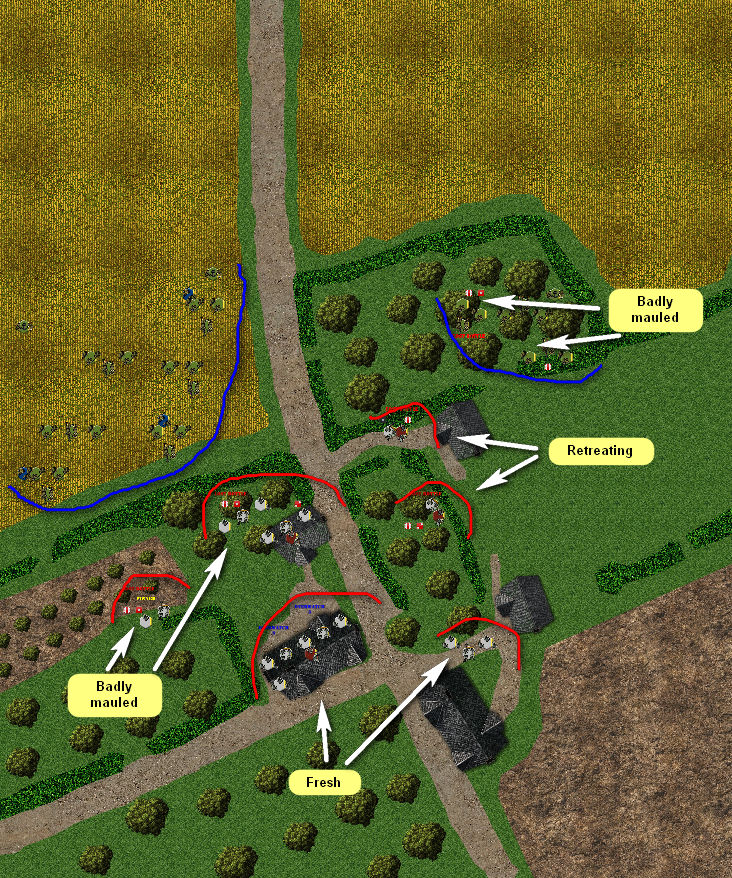 The situation at the end of Turn 9: as you can see, the British are pushing the Germans in from every side now.