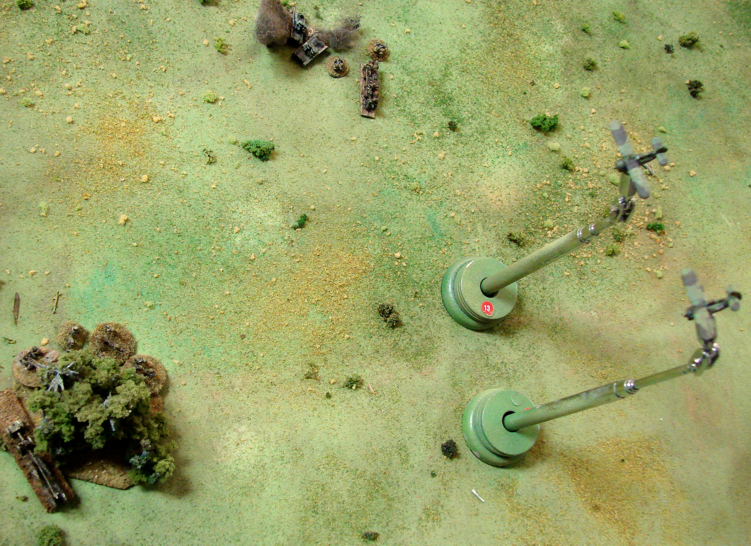 Friendly Fire After running the gauntlet of Pak 38 and 88, the Soviets thought they had reached some cover. The I153s must have assumed that anything on this side of the table was German. No big casualties just some wounds & pinned results.