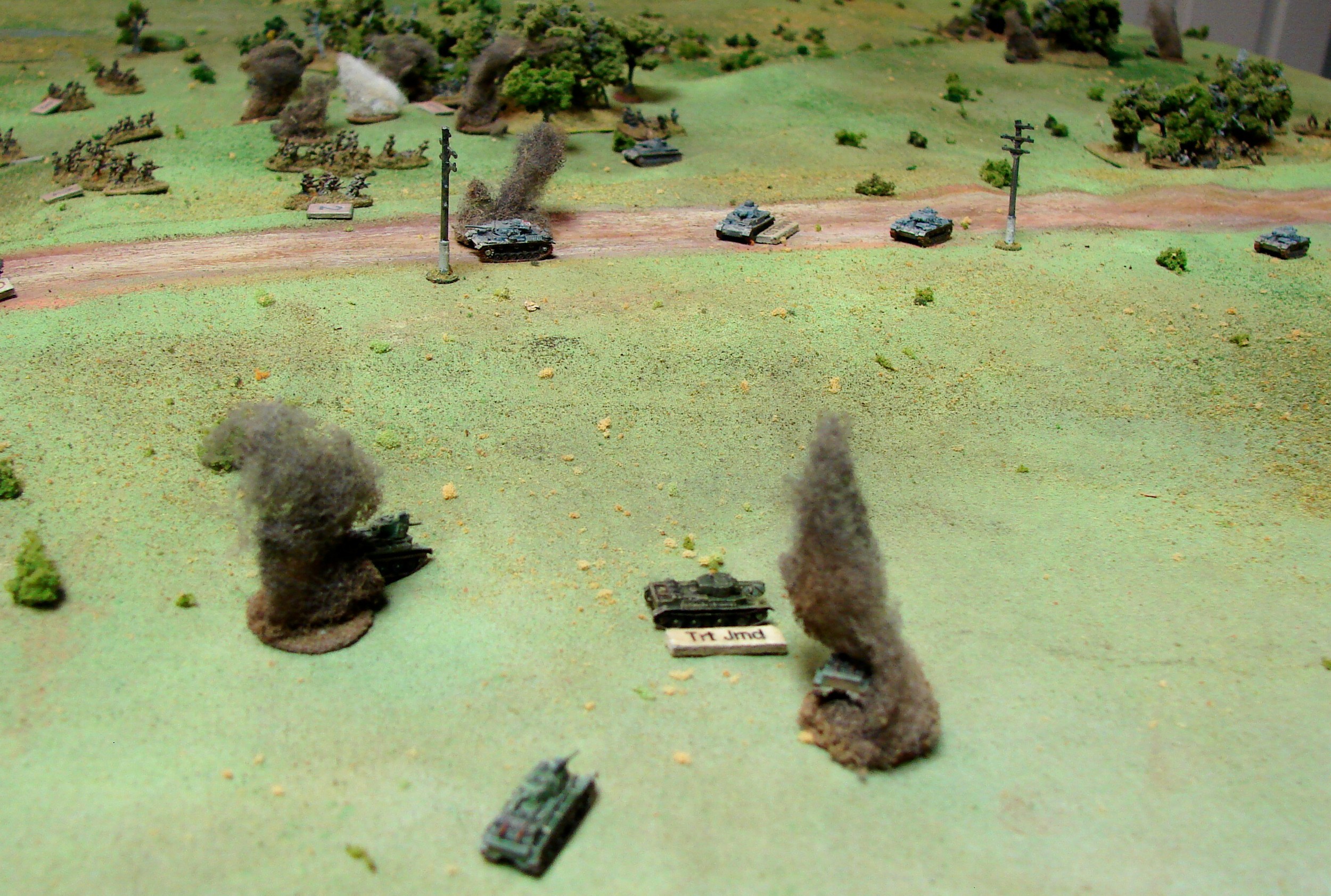 Out of Russian tanks & German Inf The remaining BT7 looks kinda lonely there. At this point the German artillery is coming down, The 2nd Russian inf coy is getting pinned by the arty and panzers and the grenadiers are hoping to sneak out, so we decided to call it quits