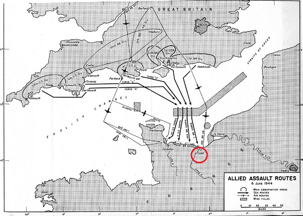 The D-Day Allied assault routes with the British 6th Airborne Division drop zone (circled in red)