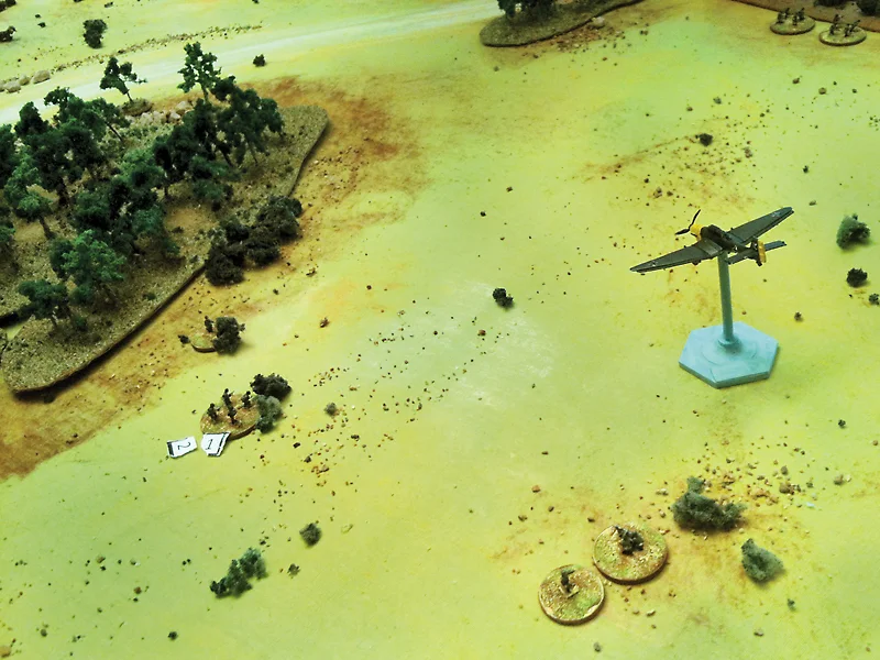 Another “fly by” of the Stuka. Strafing with no but morale results for the Aussies. The German pilot needed rest for sure!