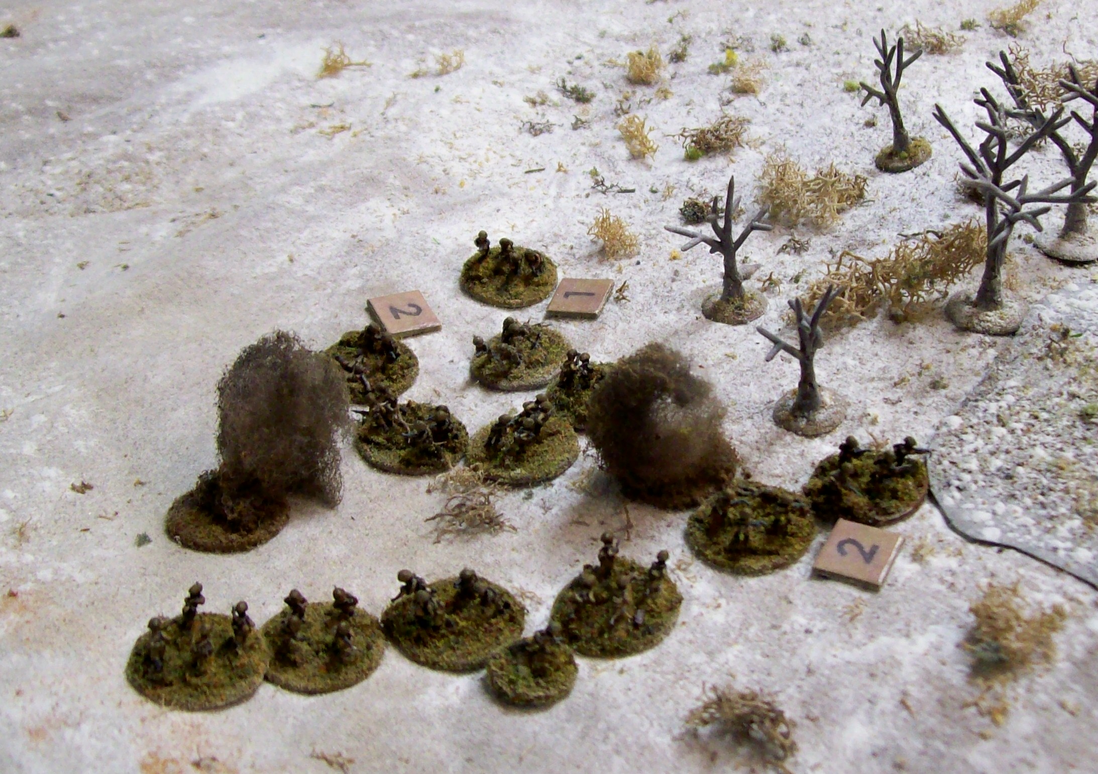 Taking Hits from the 75s This is the last turn that the PzIIIN would be around. The 2nd platoon is in bad shape and leaderless. The 1st platoon stops short of coming under fire from the Panzers.