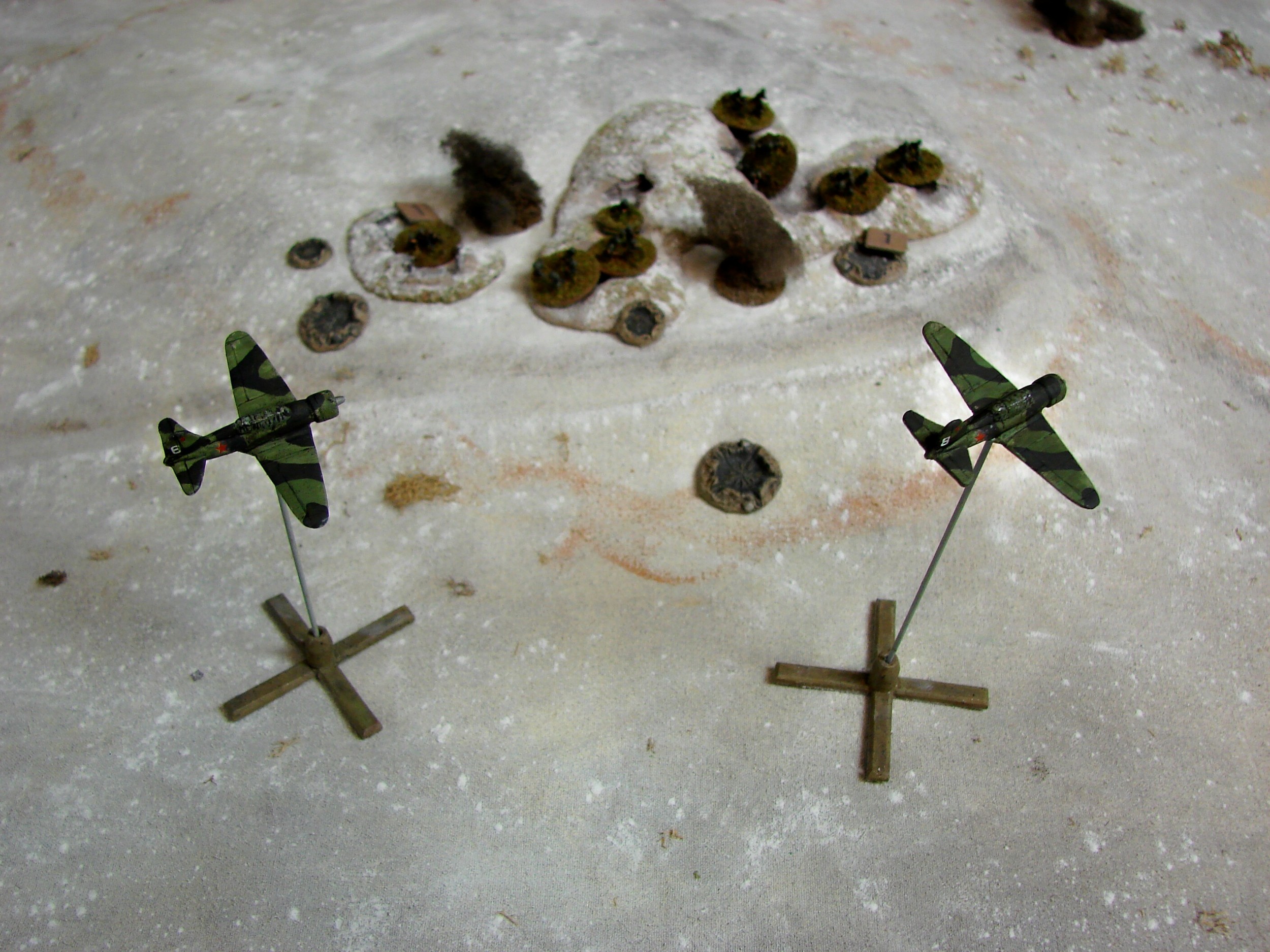 Russian Air Support Two SU-2s show up to assist in the attack (Navwar models). Their bombs all fall wide of the mark. The explosions are from the T34s shells.