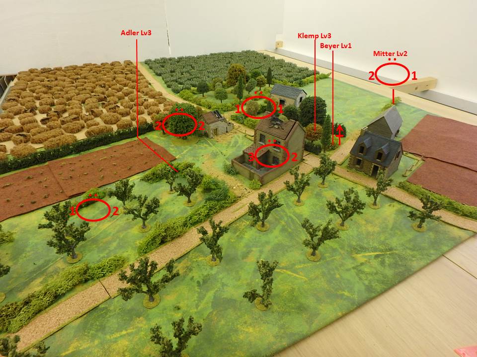 Le Moulin from the South showing the Germans’ ‘concealed’ positions, covering the track to the north but avoiding the forward orchard. They opted to remain in depth and covering the open ground on the flanks of the village.