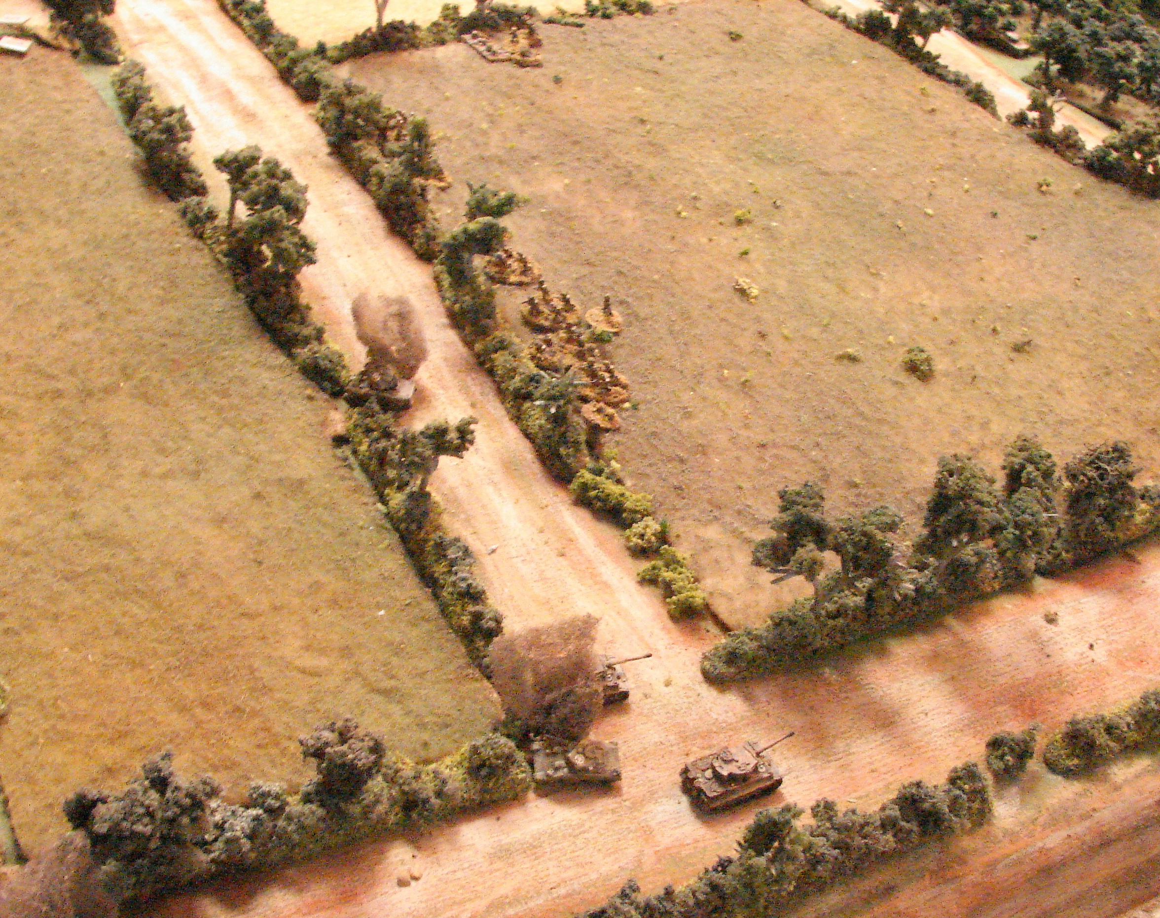 Tigers Vor! This was the end of the game. The Gordons managed to kill or drive off all the grenadiers and the StuGs while taking around 25% casualties. The Hussars were down to two Shermans hiding in the orchard on the other side of the table. But the Germans only had the two Tigers looking invincible roaming about. This was the most enjoyable game of the three. It was also the first time that Tigers got to behave like Tigers in a game that I've played (I suspect that had something to do with me not running them).
