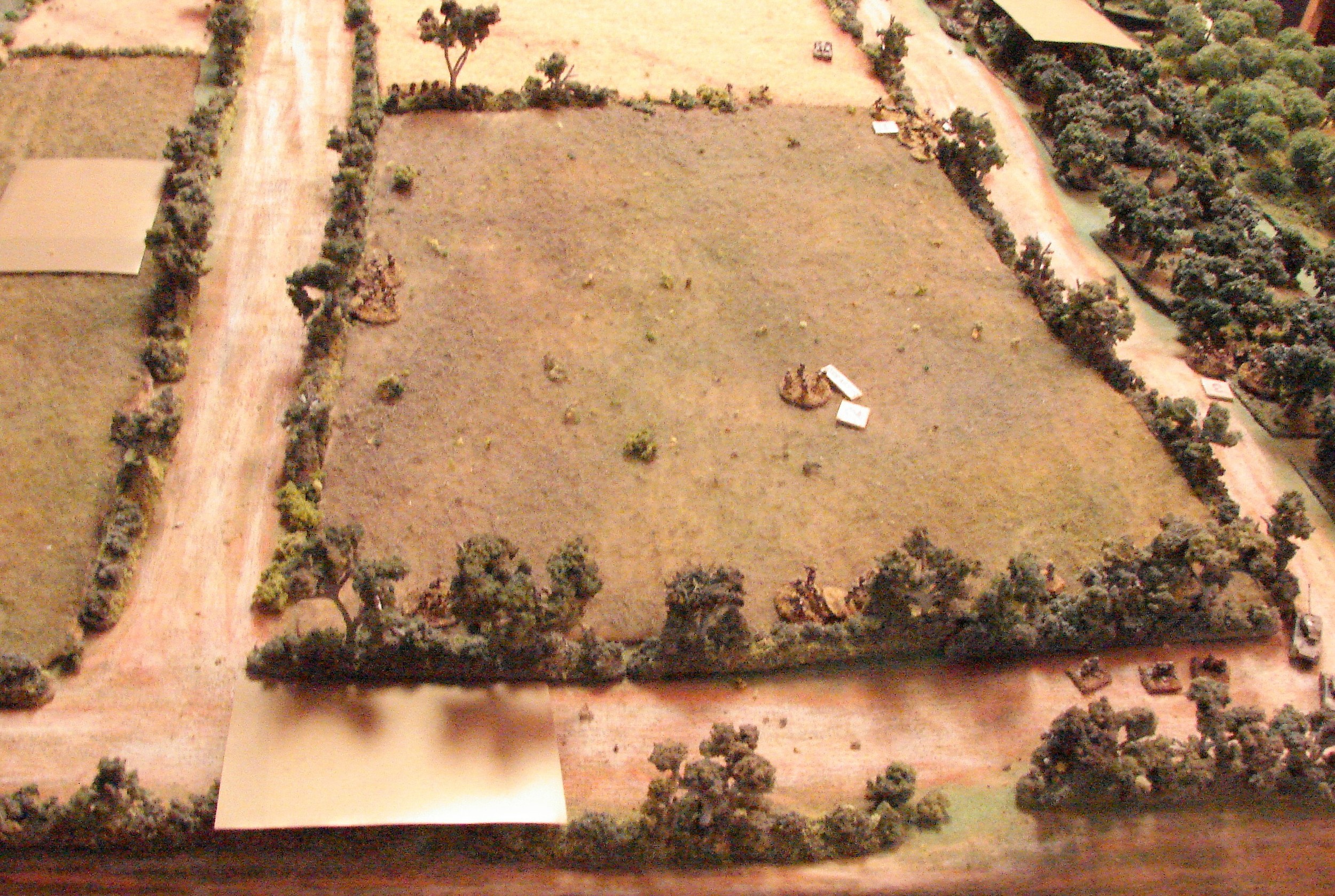 Pinned in the field Lots of small arms fire going back and forth here. Blinds also moving about. The ones on the top left are a grenadier platoon and a dummy. The blind at the top right is a dummy. The one at the lower left is a troop of Shermans. The Grenadier HQ squad is at the left end of the field behind more bocage.