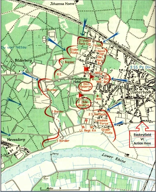 British positions in the Oosterbeek perimeter as they were on Wednesday 20th September 1944 and Lance Sergeant Jack Baskeyfield's position on the day.(Blown railway bridge bottom right of map)