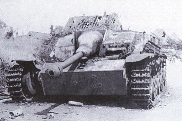 One of Baskeyfield's victims, a knocked out StuG IIG with multiple 6lbr hits on its front plate with one finally penetrating the transmission box. This vehicle was knocked out 200 yards in front of Baskeyfield's gun position on Benedendorpsweg, and recorded as being a vehicle from Sturmgeschutz-Brigade 280.