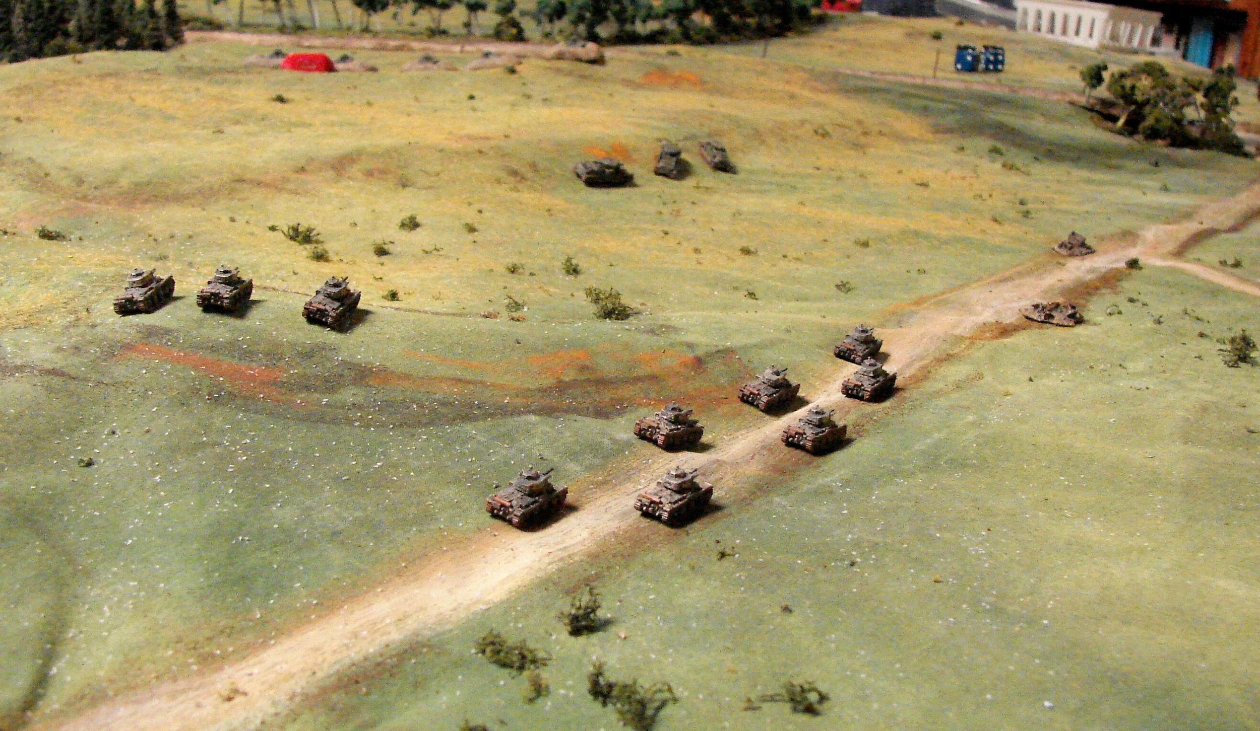 Pz 38ts of the 5th Co, II Abt, 25 Pz Rgt The German player had a total of ten Pz 38ts, four Pz IVDs, three Pz IIFs and an attached platoon from the 6 Co, 6 Schutzen Rgt and two MMG teams. Their job was to get to the high group on the other side of the RR.
