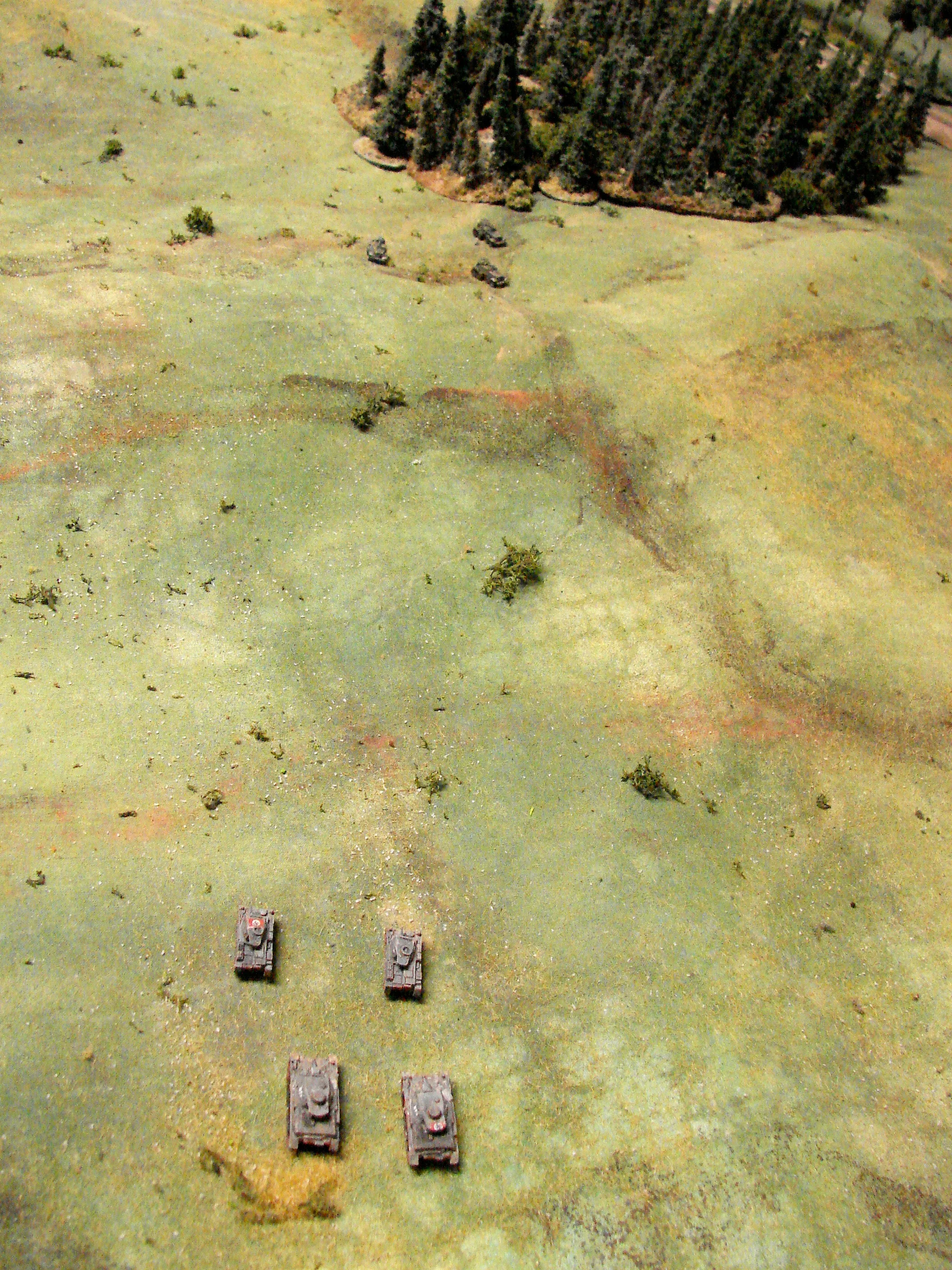 Looking for each other The terrain around this area had several low hills. The BA10s and Pz IIs and PzIVs cautiously advance towards the flanks. The armored cars would manage to get the first shots off and then scoot back.