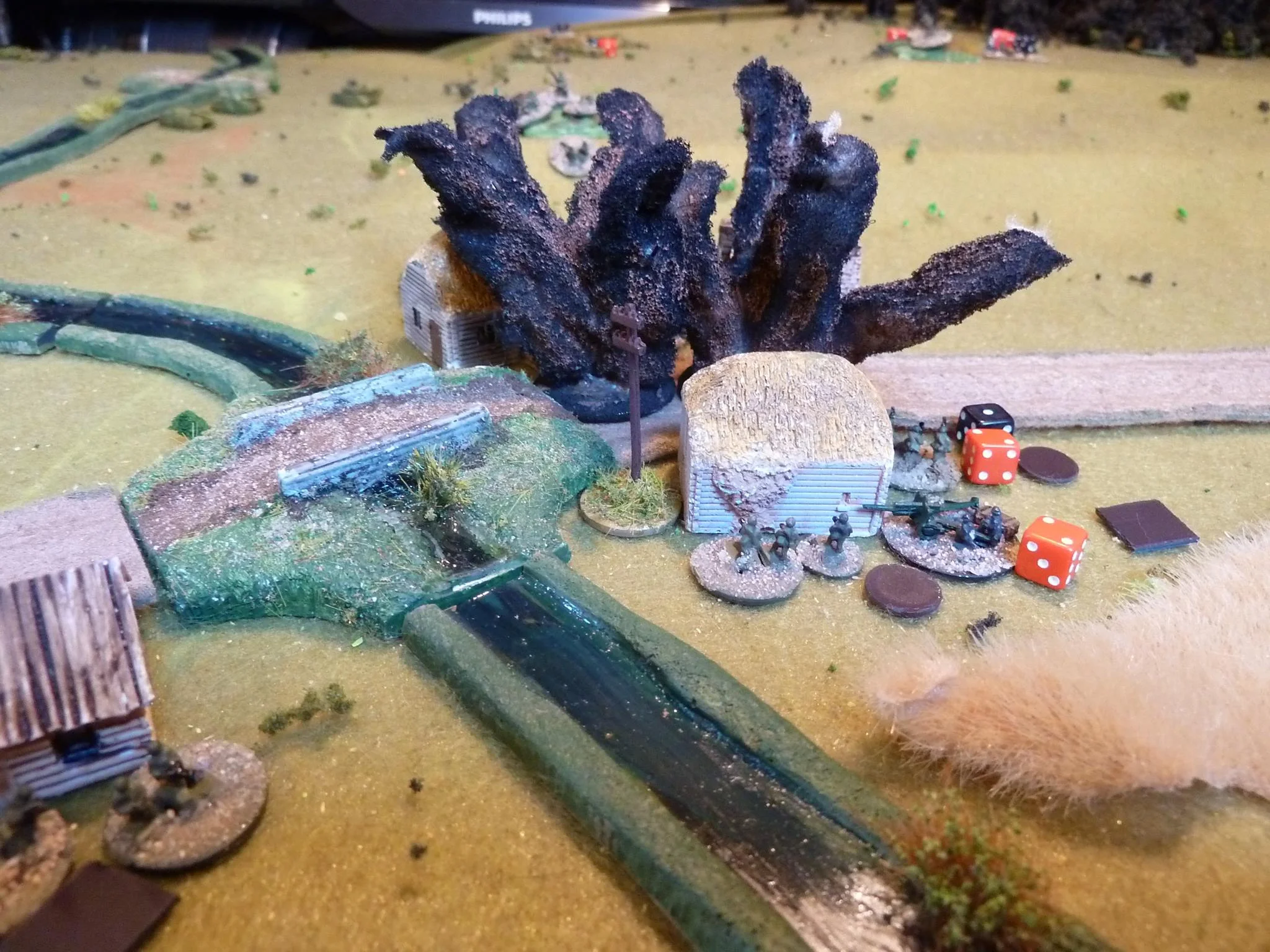Mortar fire shifts to the hamlet (still not sure how to represent troops in solid buildings - perhaps need to put a marker on them, rather than putting them alongside)