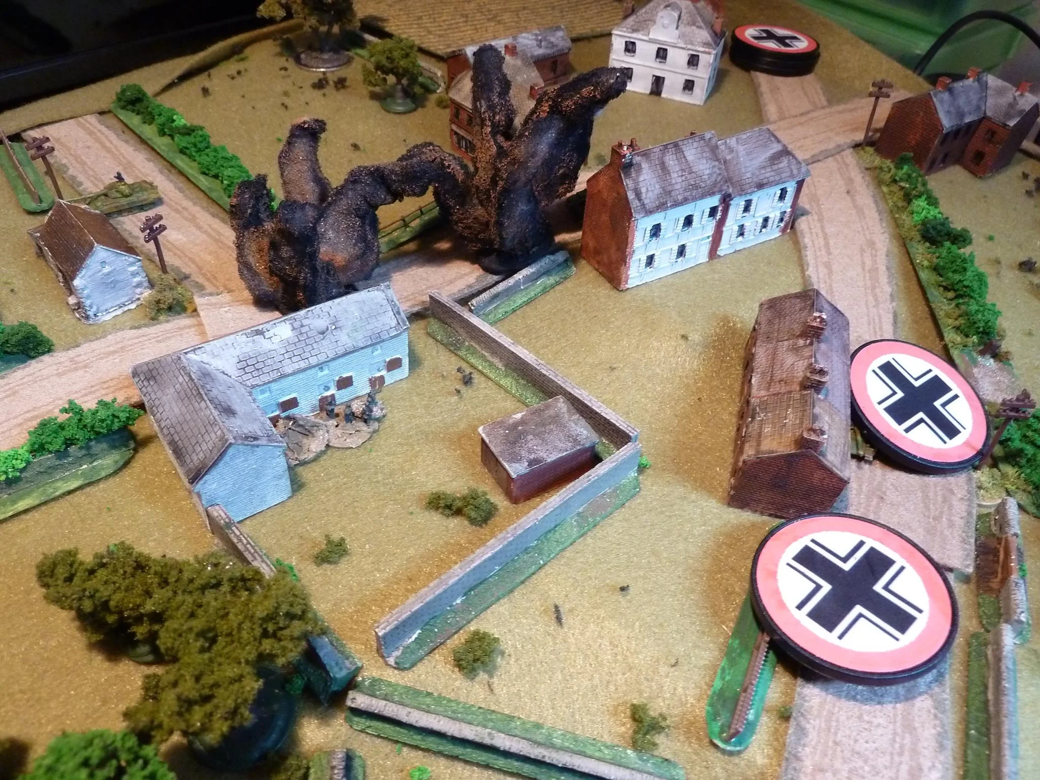 The Canadian FOO brings down a barrage on the Tiger...but it has no effect. German reinforcements move up the main Falaise road under Blinds. As more unit chits get added to the mix, the Blinds come up less frequently and they move very slowly.