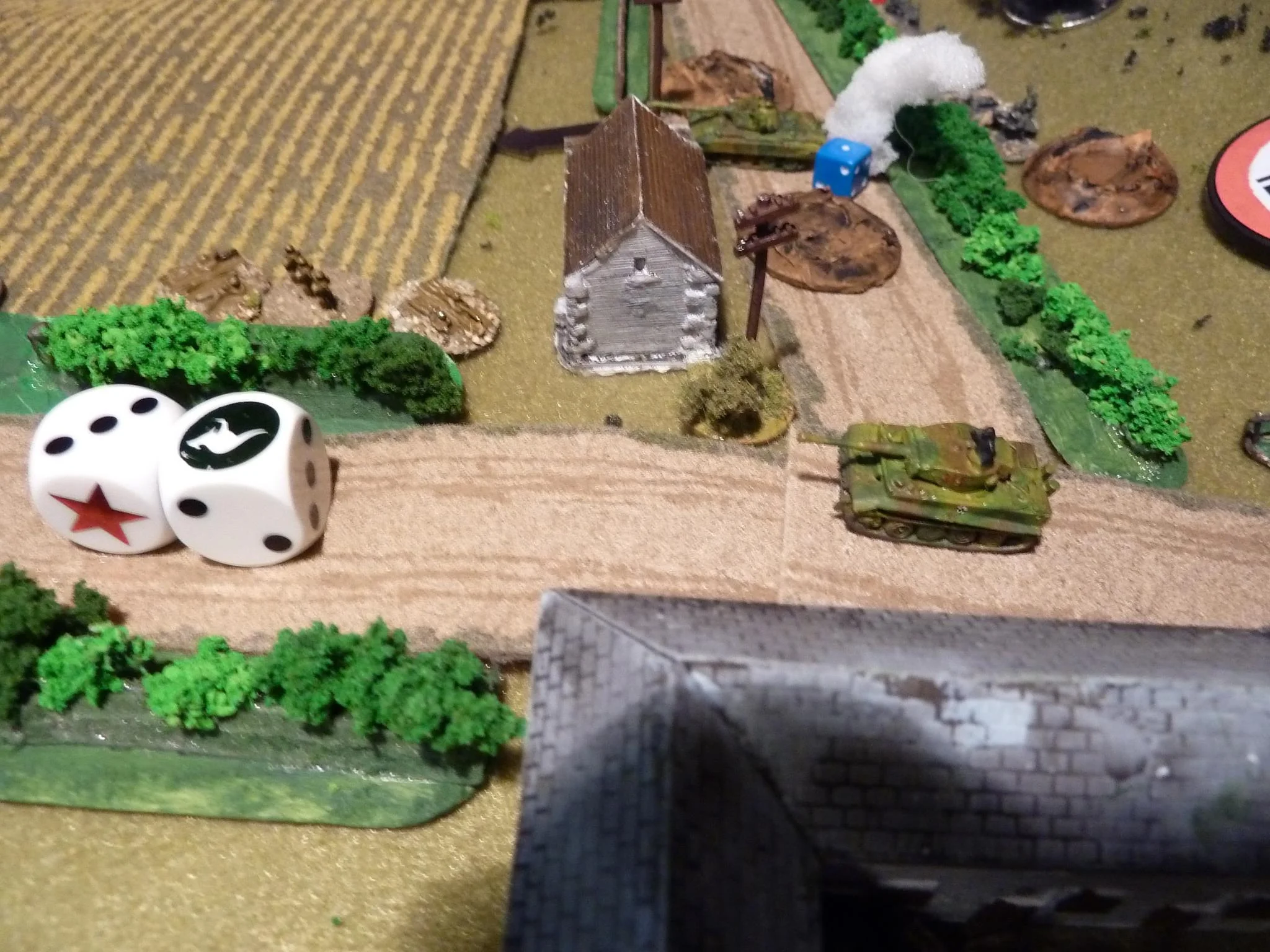 The 1st section and PIAT gunner dash forward and take a shot at the Tiger: and misses badly. An attempt to use 2" mortars to blind the Panther scatters to behind the tank. The section are sitting ducks in the open!