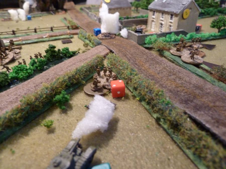  The epic tank duel continues, while two sections come out of the ditch and move down the alarmingly green hedge to flank the farm house. 