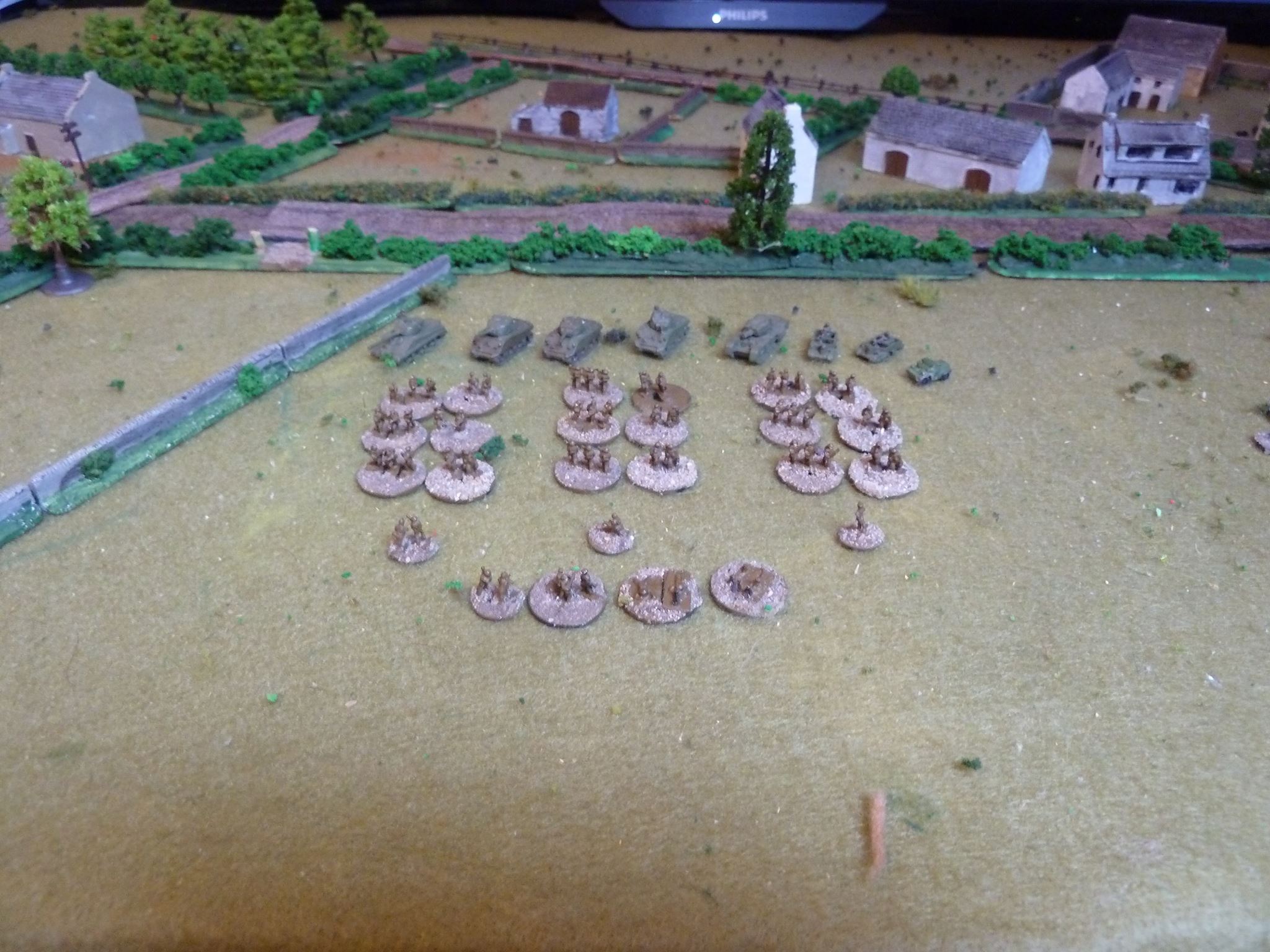  The British Force • Company of Infantry:&nbsp; 3 Platoons, PIAT, 2” Mortar + Co HQ (3), 2x(2) &amp; 1x(1) leaders • Battery of 3” mortars with observer in a scout car – 6 turns • 2 x 6” square Pre-game stonk (which I forgot) • A Troop of Shermans:&n
