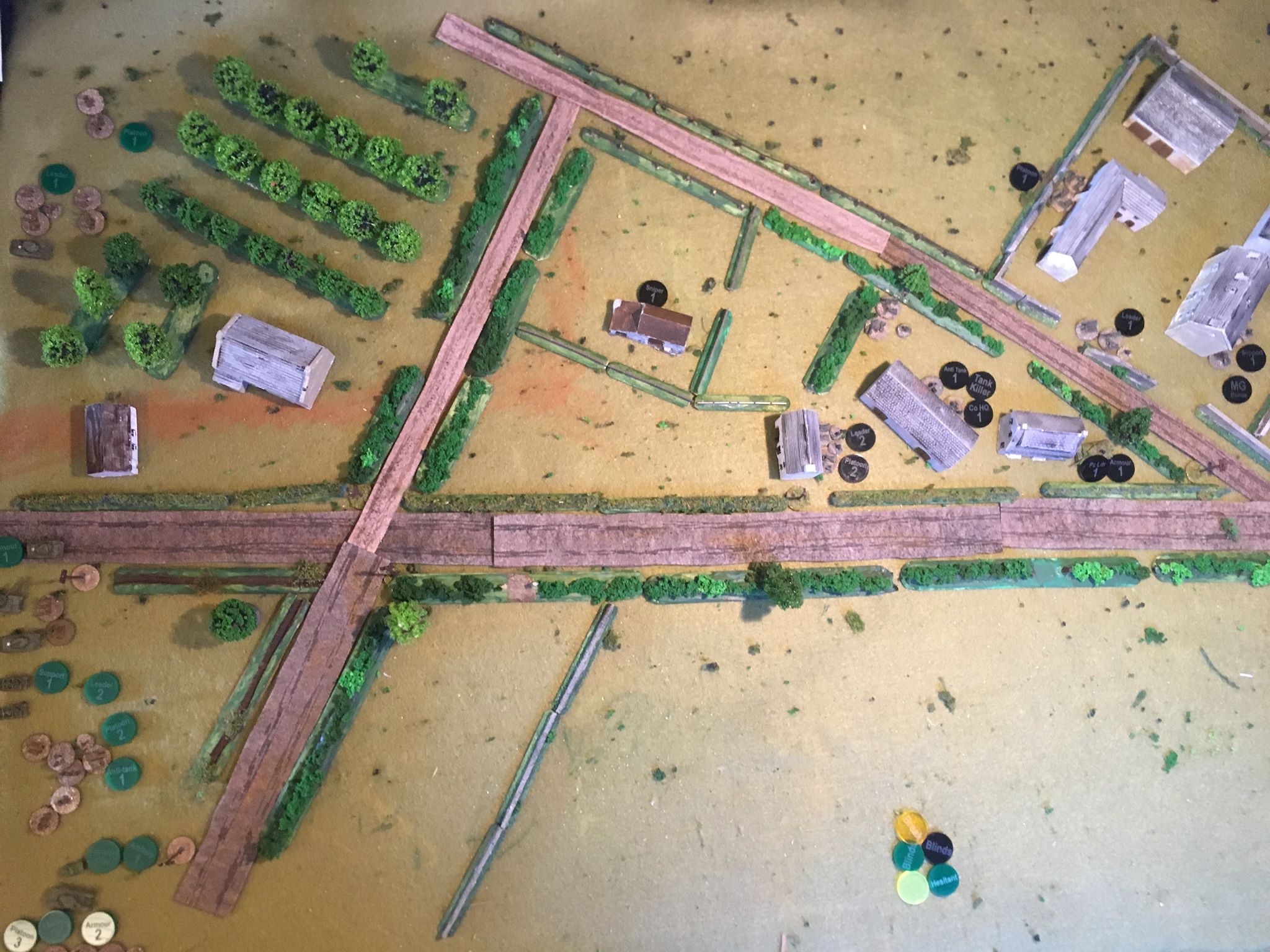  The German dispositions are shown below with No 1 Zug in the walled farm with the MMG upstairs in the farm house giving fields of fire over fields on their right flank and into the orchard.&nbsp;  No 2 Zug is in the village buildings in the centre a