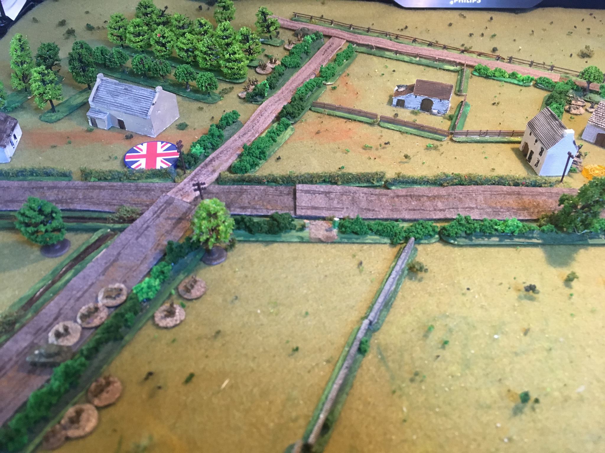  There is a German sniper hidden in the barn top centre. He spots the British No 1 platoon behind the hedge at the top.&nbsp;  No 3 platoon is also spotted from the house on the right holding a squad from No 2 Zug as it crosses the open field heading