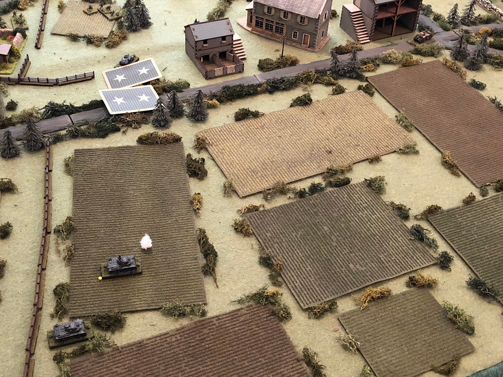 Back in the north, Lt Loeb and Sgt Mayer (bottom left) are still facing off against the damn Char B (top right) and wondering when SSgt Mangold is going to get his Pz IVs (on Blind at top centre left) into the fight!   