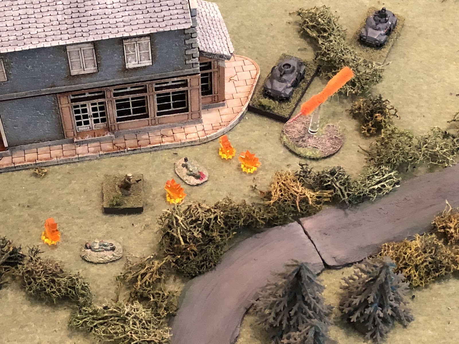 And the French 1st Platoon is chopped to bits!&nbsp; Lt Renoir despondently looks about as both rifle squads he lead forward are shot to pieces and eliminated!  *I think that was a key sequence in the fight: my Recon Plt Commander card came out, I r