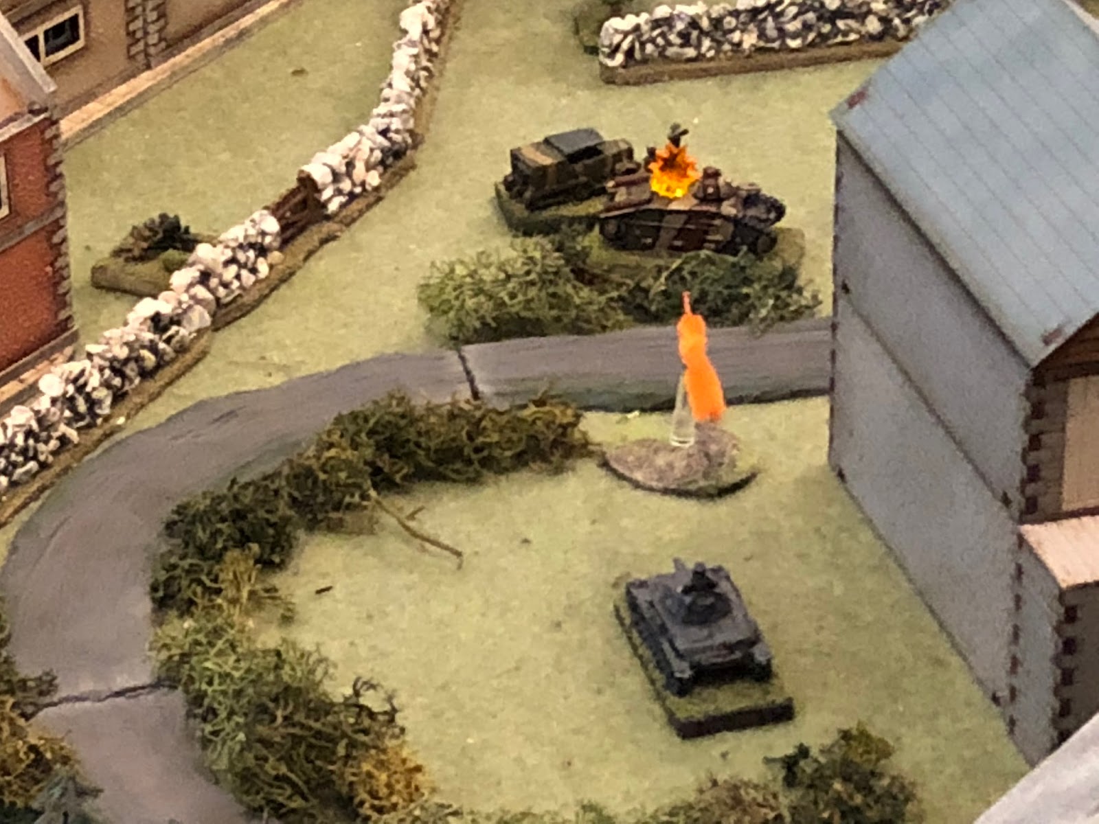  And just as the enemy ATG gets into position (top left), SSgt Mangold's tank fires at the flank of the Char B... 