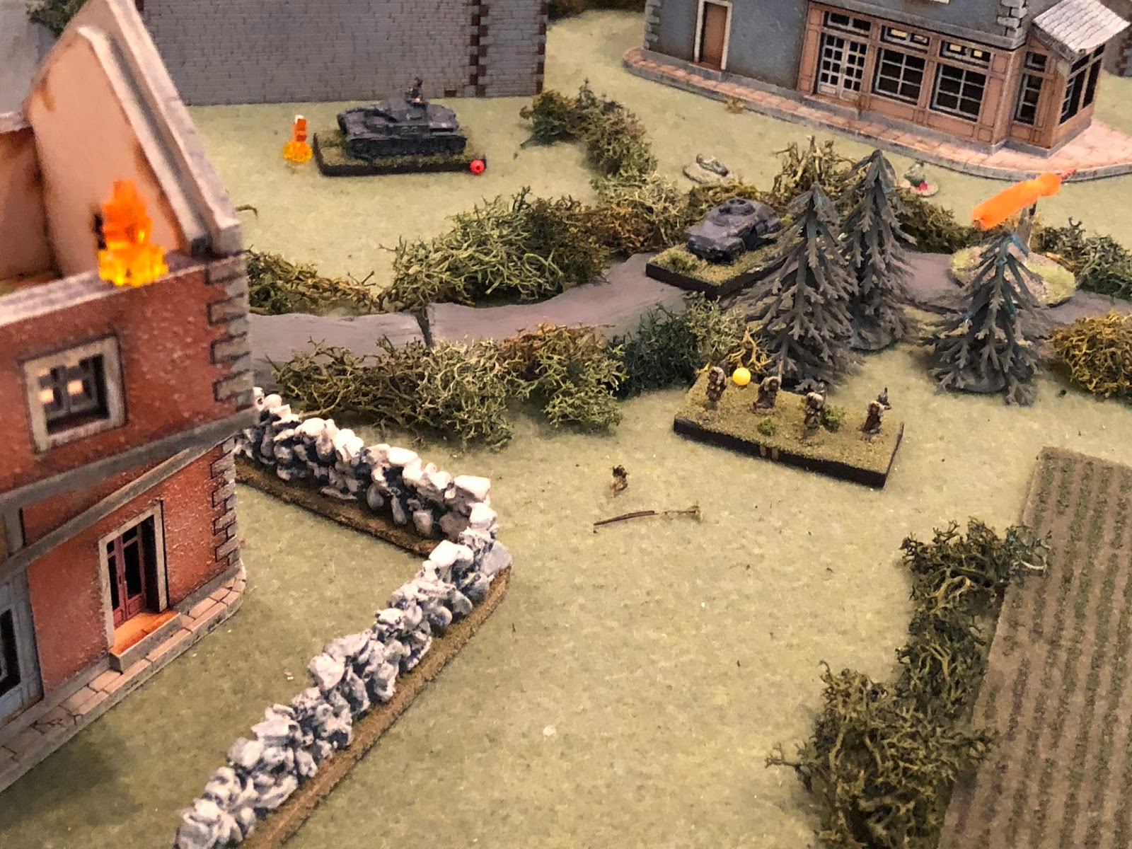  When the French tank round skipped off of SSgt Mangold's Pz IV (top centre) it made a hell of a CLANG!, drawing Cpl Edsts's attention (centre top right, on the road), distracting him long enough for the French 2nd Platoon squad at ground level to ho