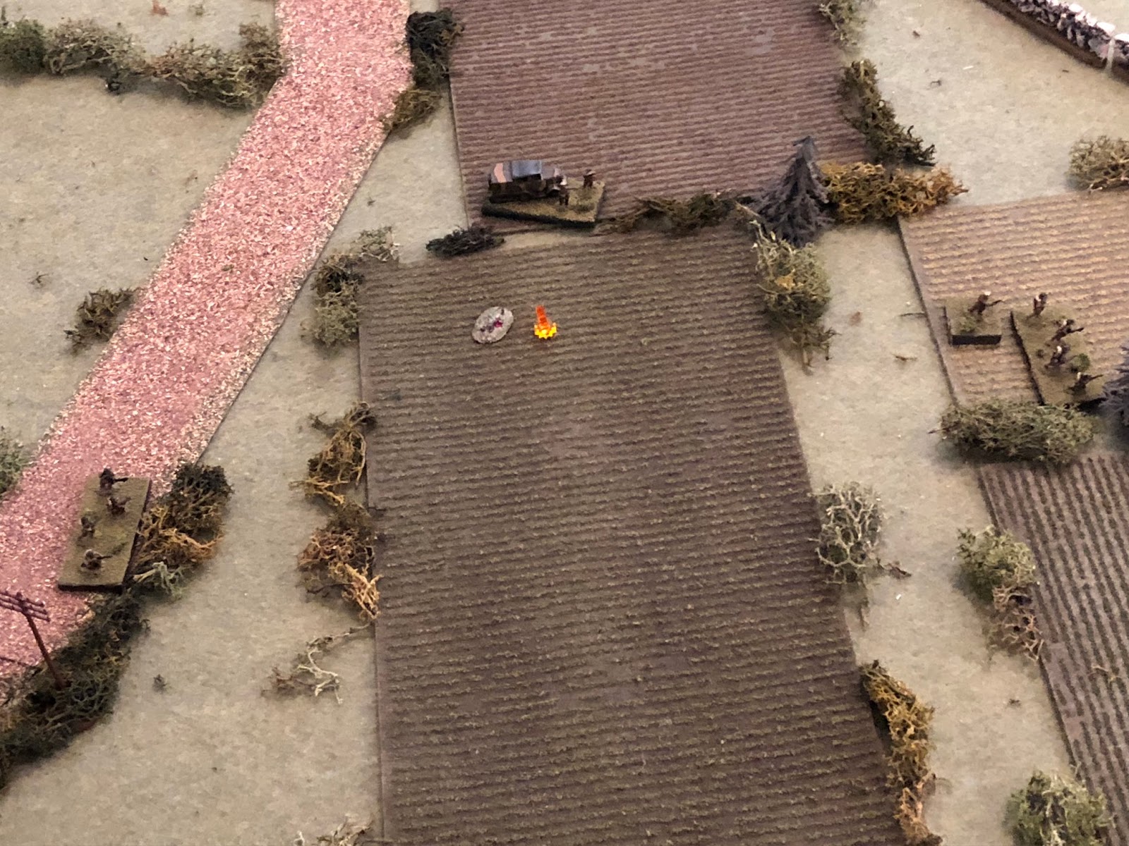  In the south, the French 1st Platoon is scattered and taking casualties.&nbsp; Rather than sit and wait, the platoon commander grabs 1st Squad and pushes them forward (far right), as Capitan Cognac (top center) and 3rd Squad (far left) look on. 