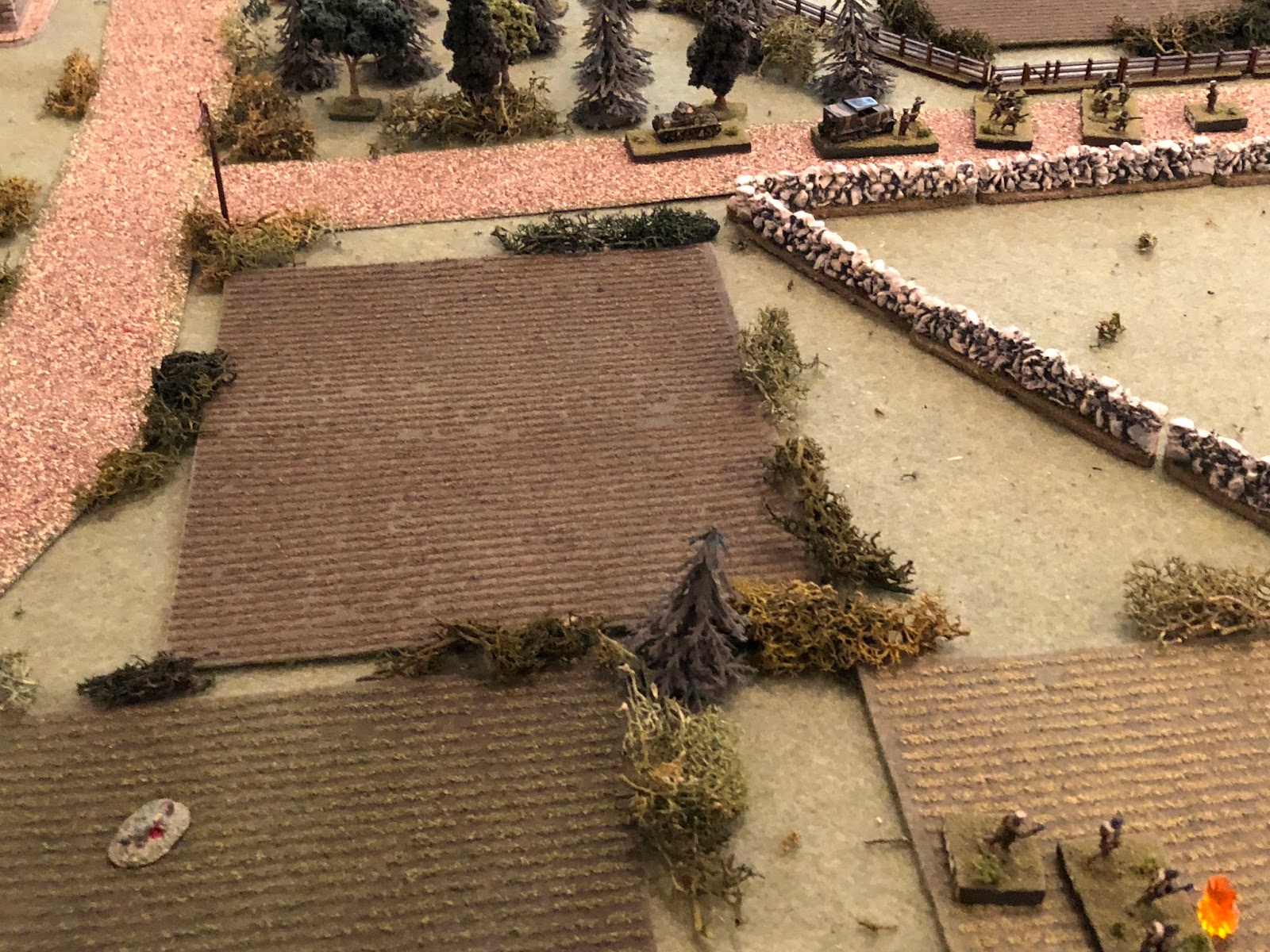  The French are getting serious in the center (top right) and south, though.&nbsp; Capitan Cognac orders the remains of 1st Platoon (bottom right) to come online and establish a base of fire on the German Motorcycle Platoon (off camera to bottom righ