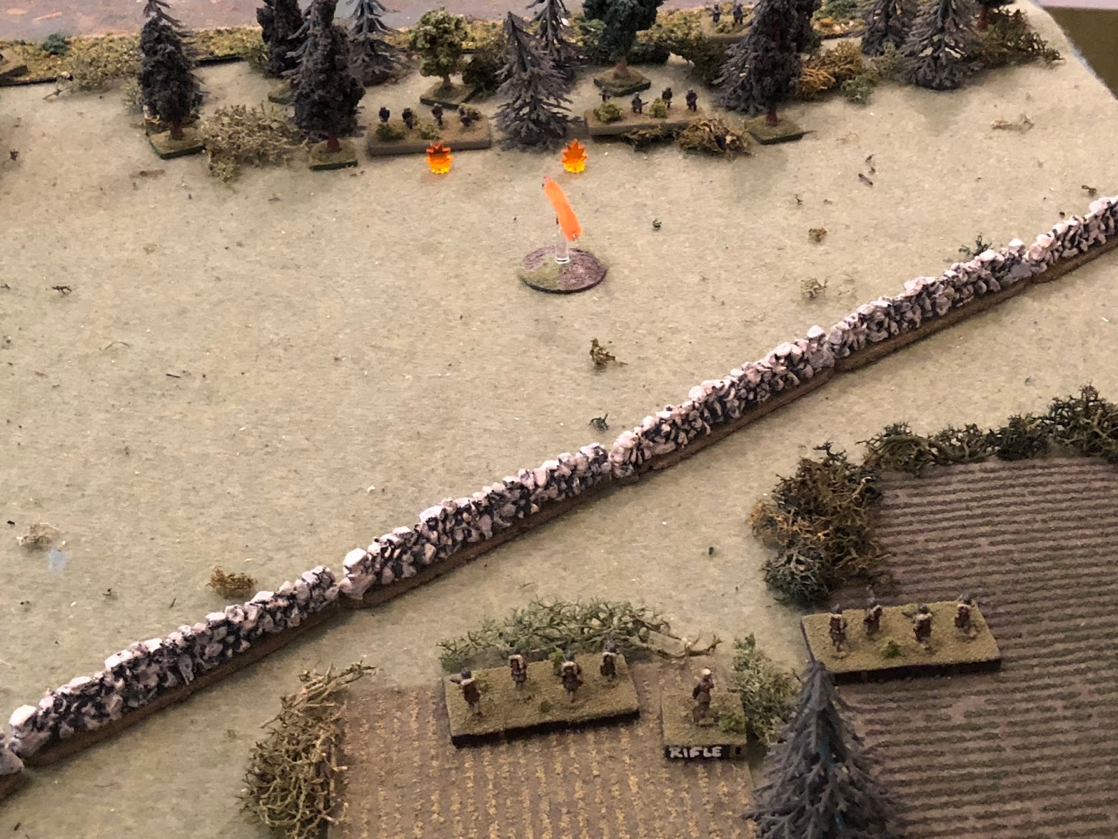  The French Lieutenant gets the remaining two squads of 1st Platoon on line (bottom, still haven't reached the wall!), where they open fire on the Motorcycle Platoon. 