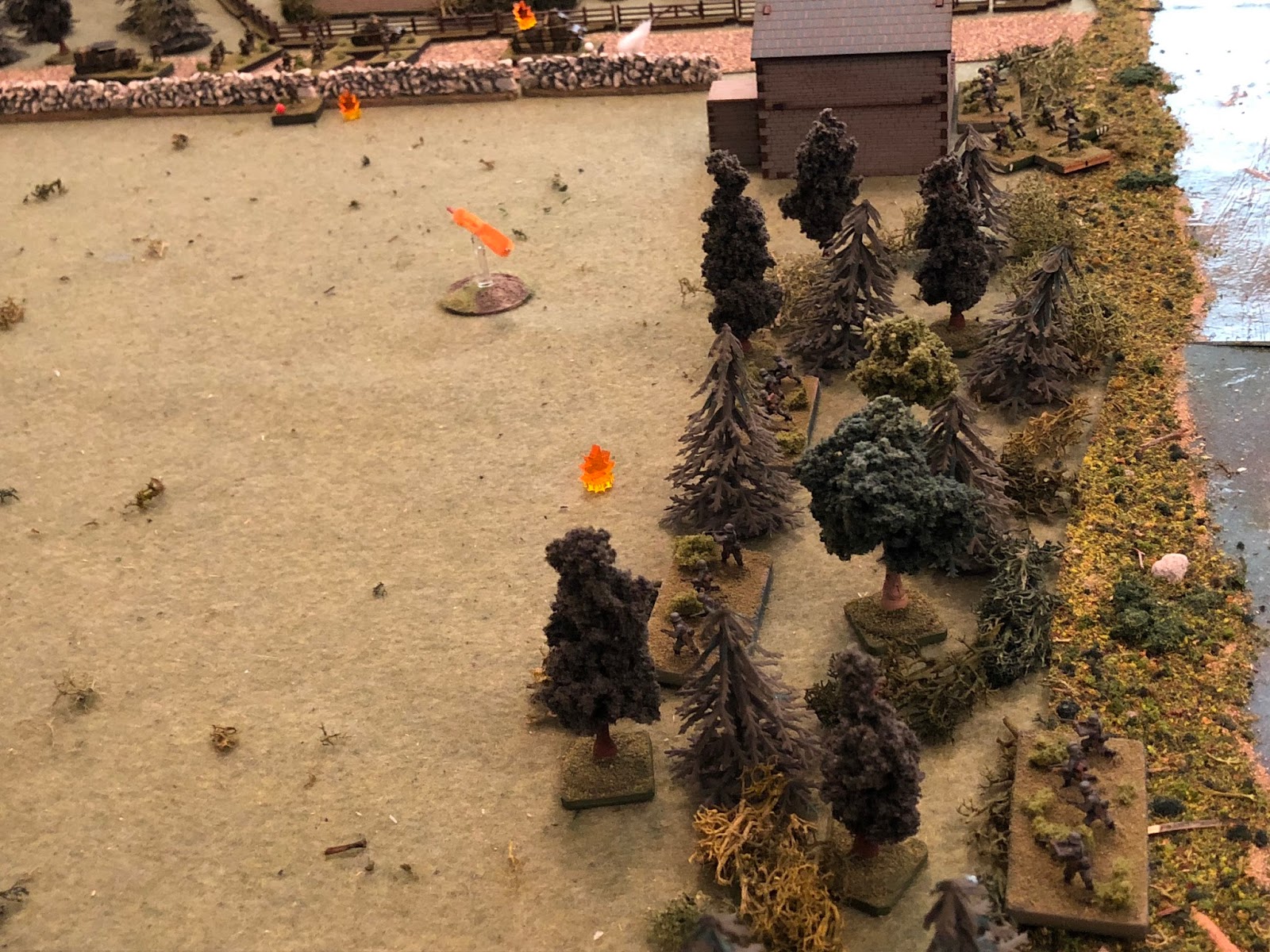 Thee German Motorcycle Platoon (center to bottom right) has two squads pinned and one lollygagging around in the rear, but begins directing small arms fire at the French 2nd Platoon on main street (top center to top left), trying to protect the engi