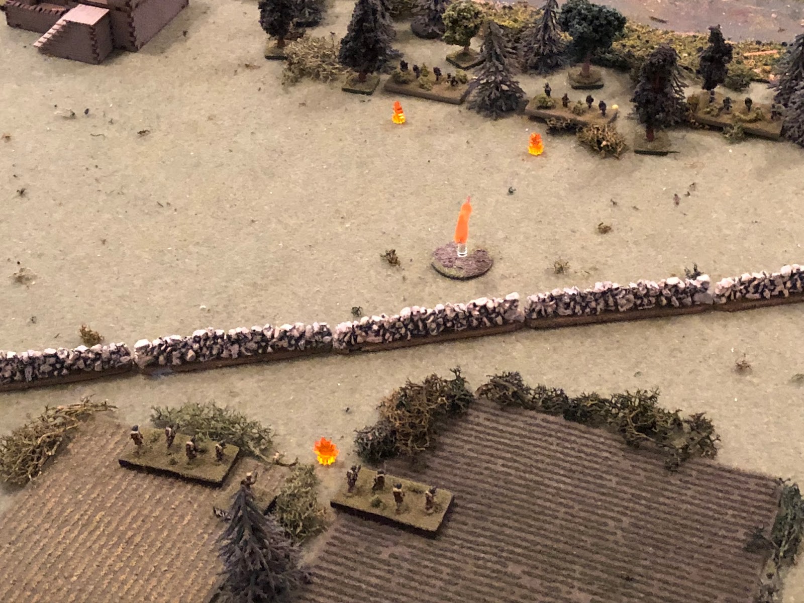  In the south, the French 1st Platoon (bottom center/left) continues its duel with the German Motorcycle Platoon (top center/right)... 