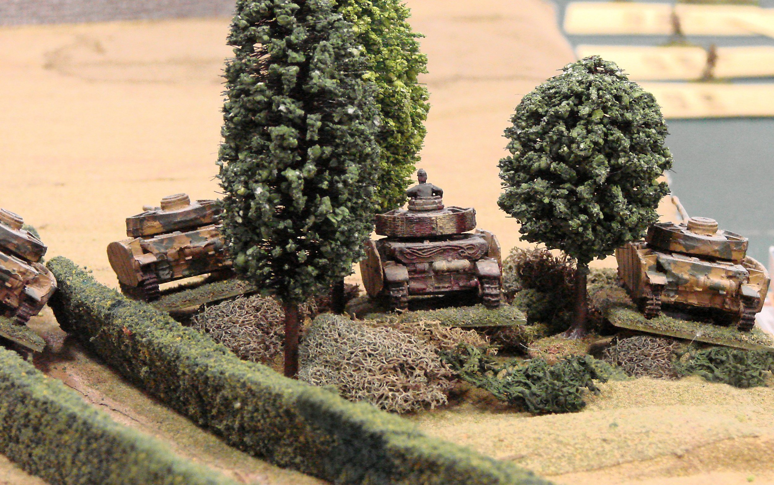 The remaining three Panzers scramble into the woods, bypassing the disabled tank.