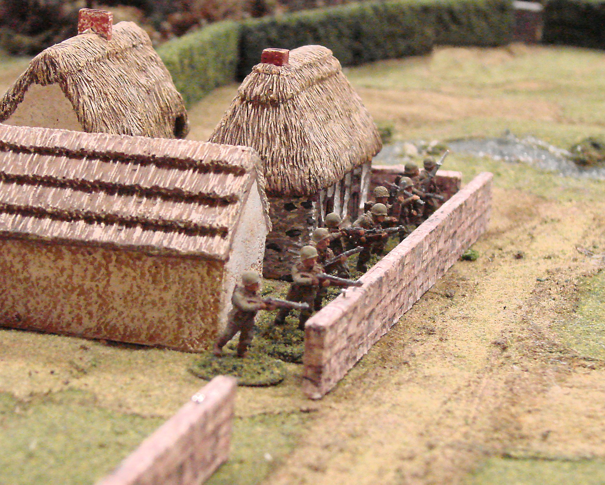 Third platoon takes up positions in the farm and the adjacent fields. First platoon remained with the company HQ, in reserve.