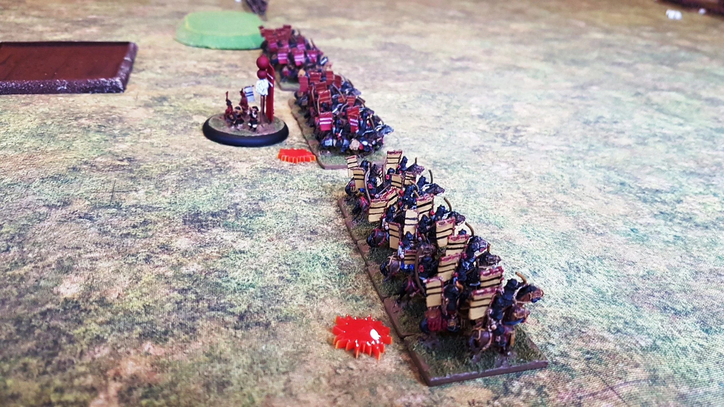 Mounted Samurai from the Soft-top Box Clan (the red markers are Heroes)