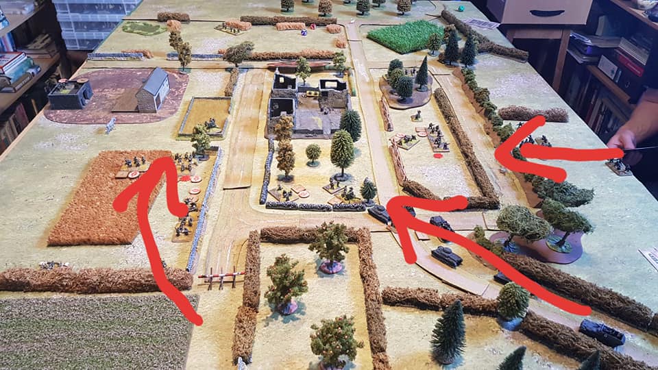 German axis of attack. The Brits had to withdraw along the road top left after two hours of play, whilst the Germans were trying to force their way through on the same route.   