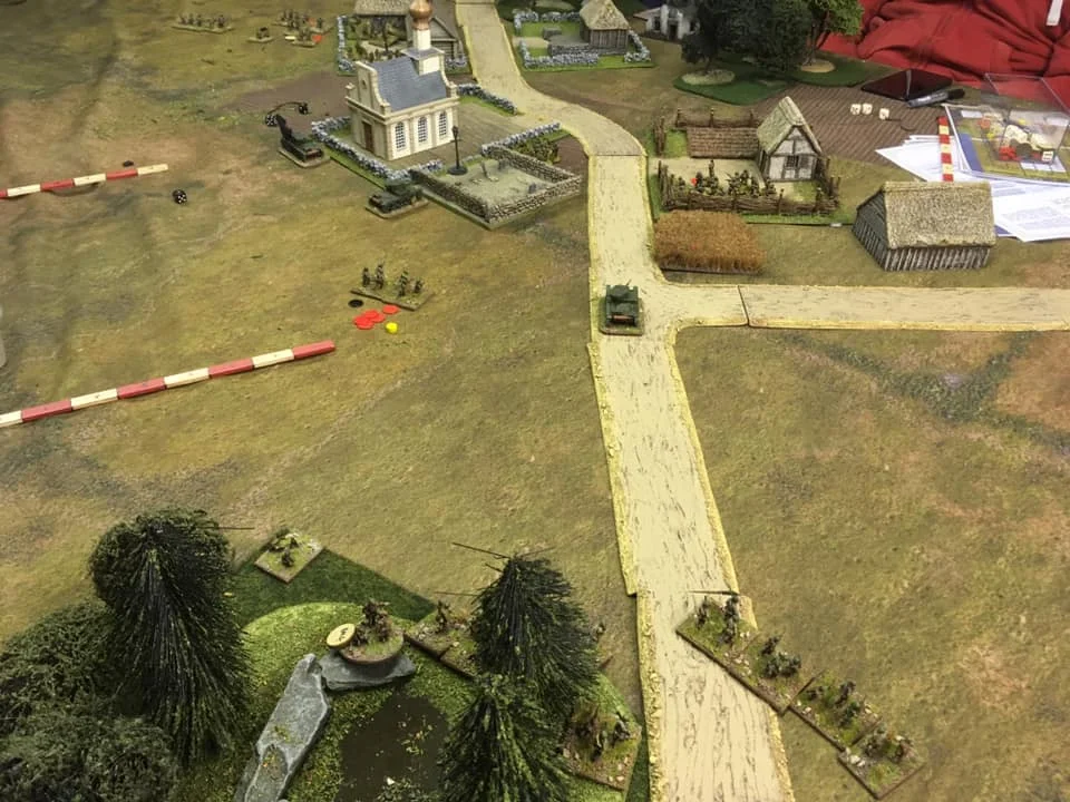 The Soviet right flank showing the advance of the three T-26 tanks and the Polish infantry platoon defending the cemetery. The objective is indicated by the streetlamp adjacent to the cemetery entrance