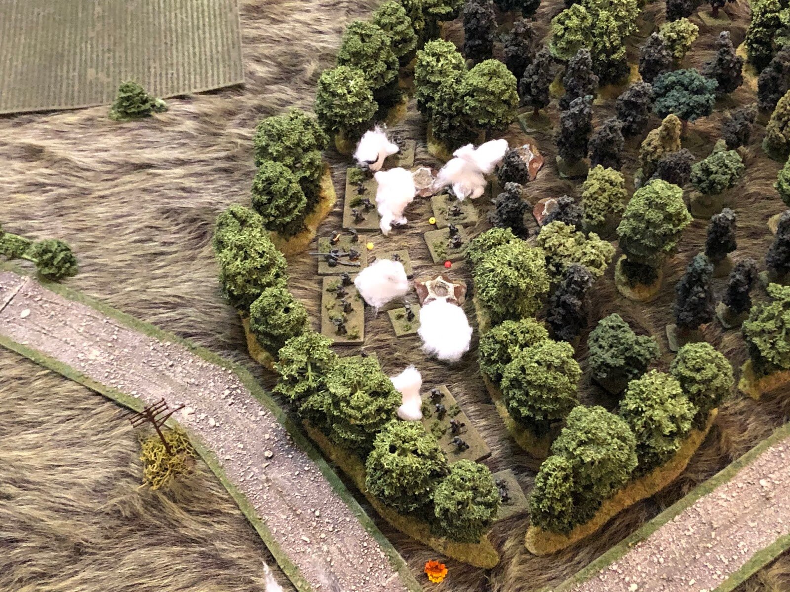  Every time the Germans fire on the Soviet 1st Platoon, Soviet indirect fire support comes in on them! 120mm mortars pound the German defensive positions in the wood. 