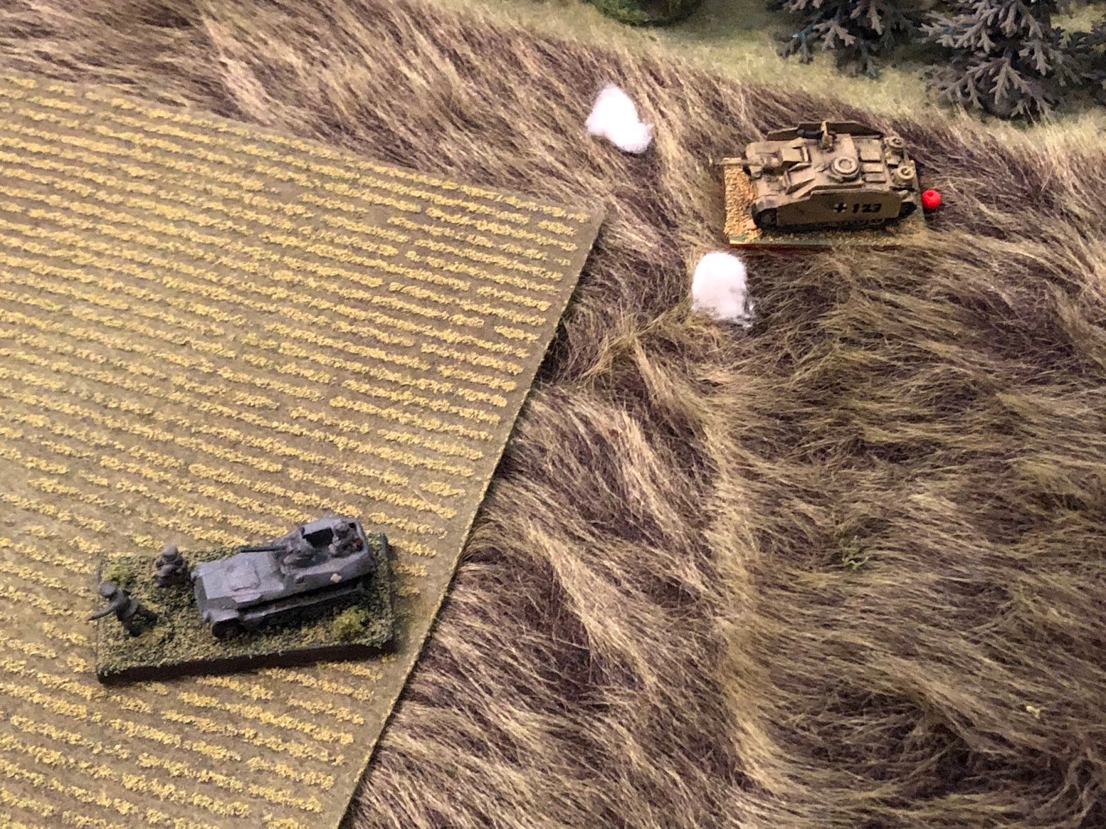  They don't spot the Marder (off camera to bottom left), so they both fire on the remaining Stug, though both miss, albeit close enough to shake up the crew. 