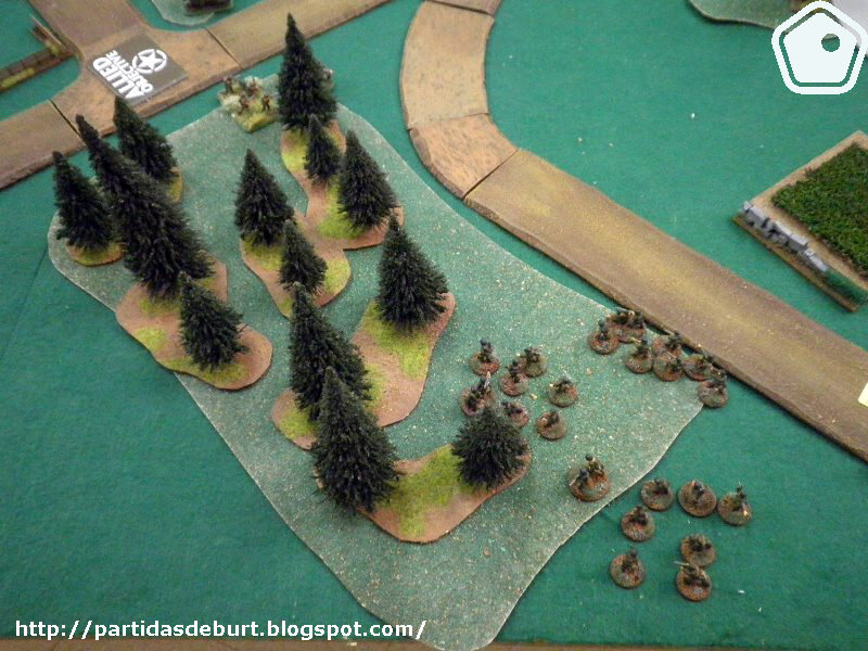  On the British right flank, German troops entering the forest are intercepted by small British Recce units, which slows down their initially rapid advance. 