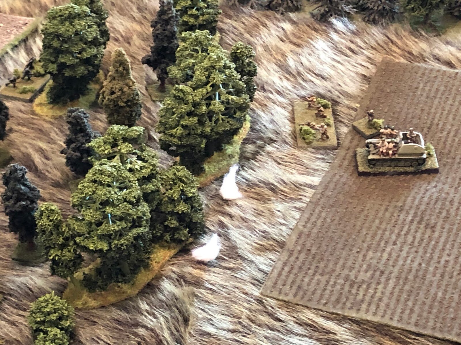  While on the Soviet far right, the Tank Rider Platoon Commander and his 1st Squad dismount just outside the North Wood (you can see the German 1st Squad, 1st Platoon at top left) so far unaware of the nearby German presence. And since there is no im